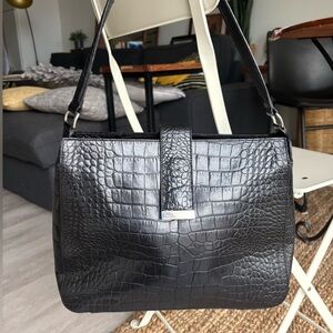Vintage black leather (croc embossed) shoulder bag with silver hardware